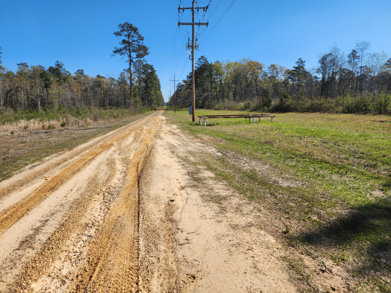 view of dirt road and power lines