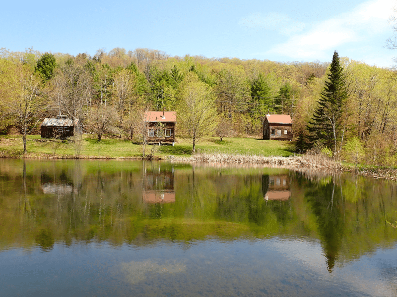 view of three cabins on pond